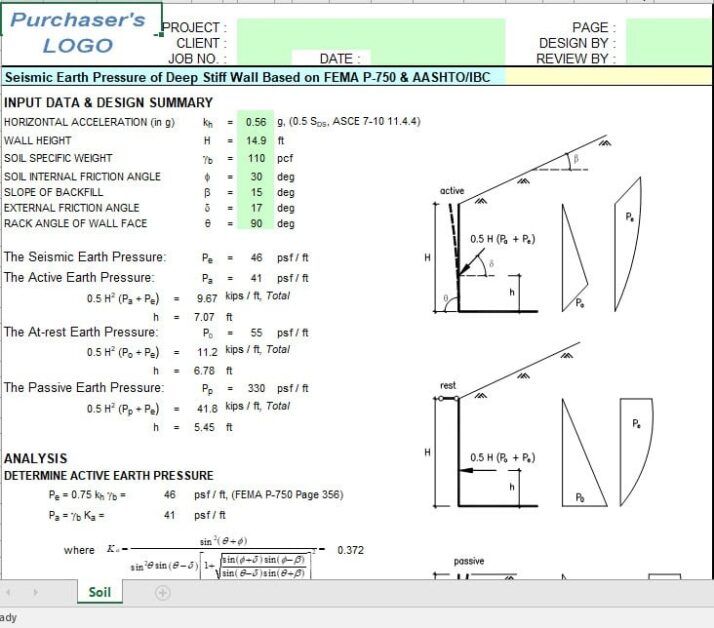 Seismic Earth Pressure of Deep Stiff Wall Spreadsheet