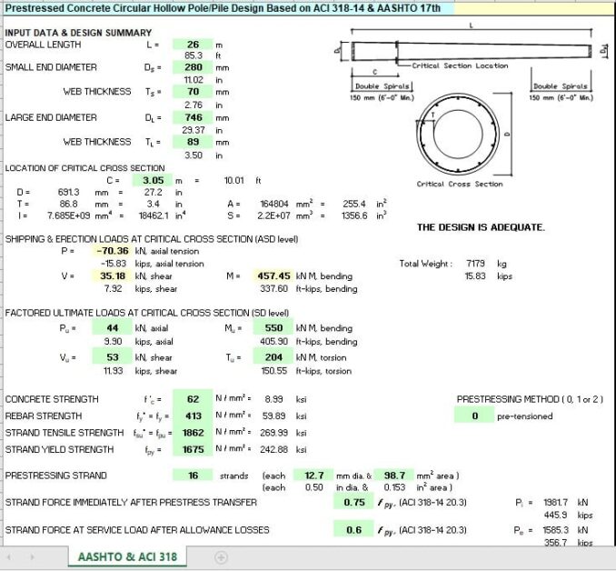 Prestressed Concrete Circular Hollow Pole/Pile Design Based on ACI 318-14 & AASHTO 17th Prestressed Concrete Circular Hollow Pole/Pile Design Based on ACI 318-14 & AASHTO 17th