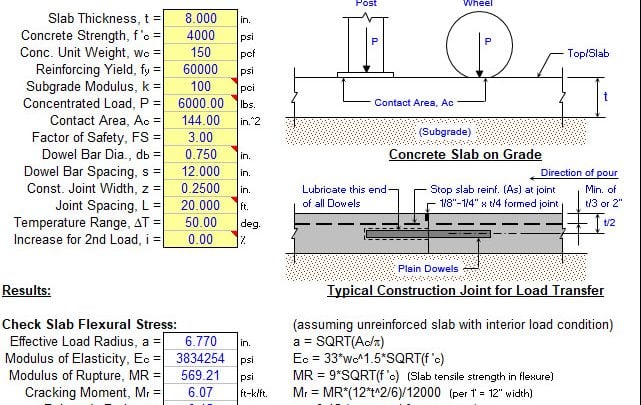 Analysis of Concrete Slabs on Grade Spreadsheet