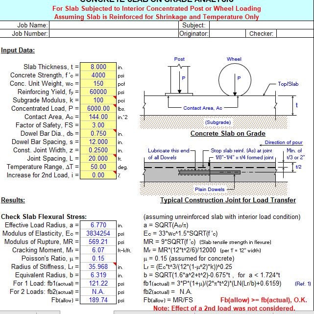 Analysis of Concrete Slabs on Grade Spreadsheet