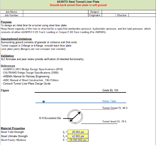 AASHTO Steel Tunnel Liner Plate spreadsheet