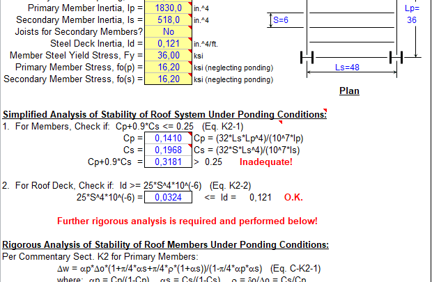 Analysis for Flat roof systems in structural steel spreadsheet