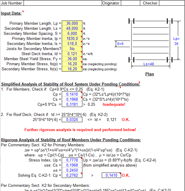 Analysis for Flat roof systems in structural steel spreadsheet