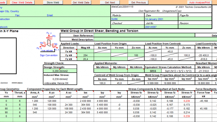 Welds in shear, bending, torsion and axial loading spreadsheet