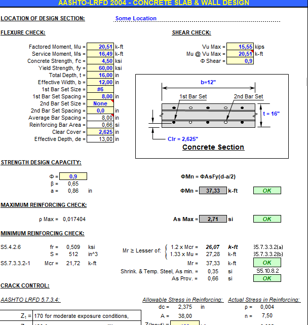 AASHTO LRFD Concrete Slab and Wall design spreadsheet