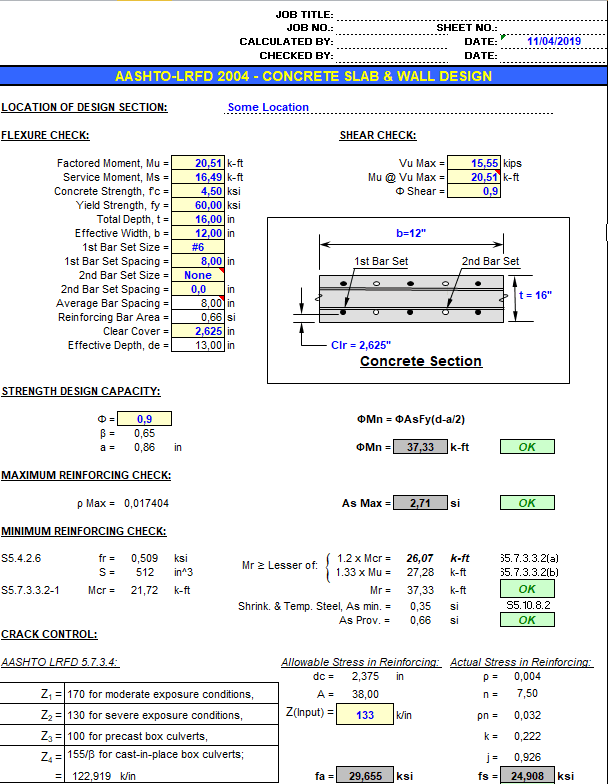 aashto lrfd concrete slab and wall design spreadsheet concrete mix design spreadsheet xls
