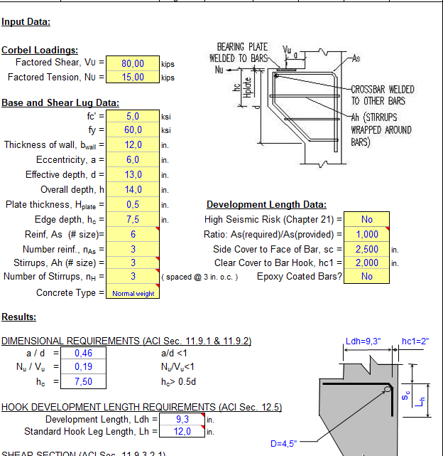 Corbel Analysis per ACI and IBC code spreadsheet