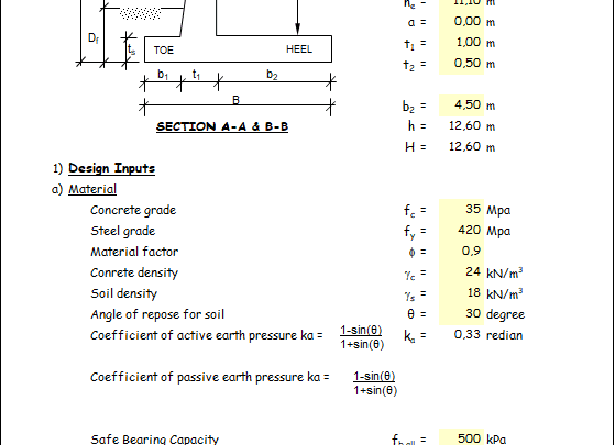 Design of cantiliver retaining wall spreadsheet