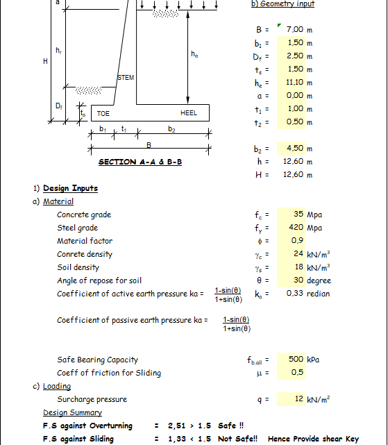 Design of cantiliver retaining wall spreadsheet