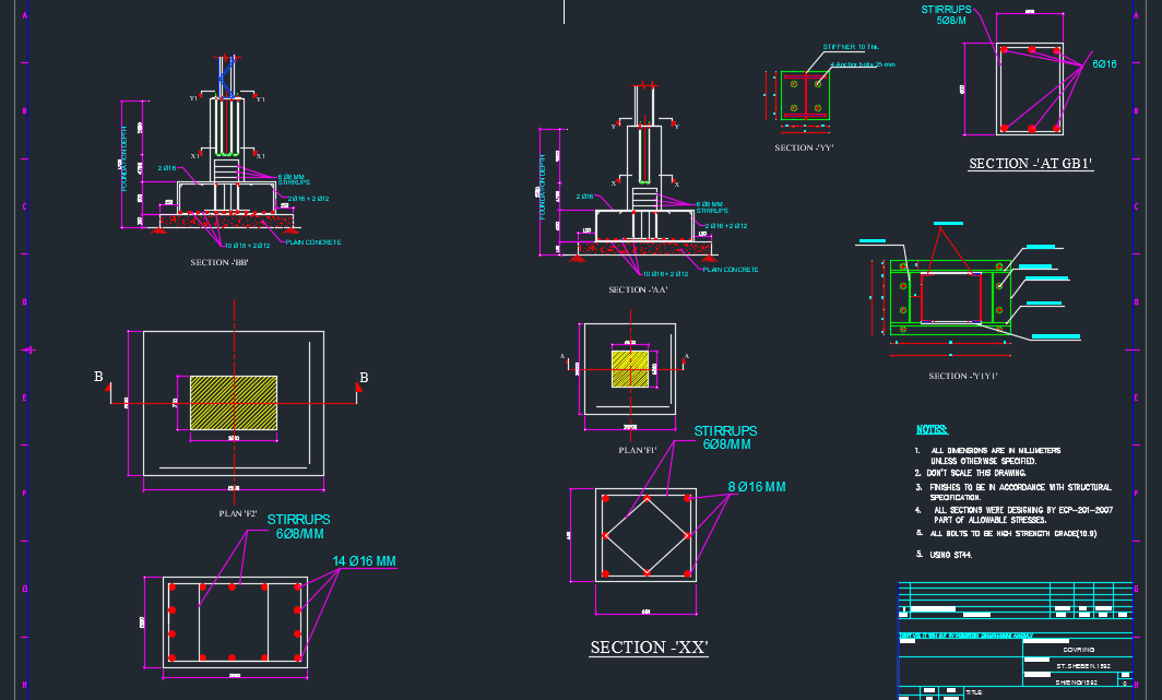 Foundation and Base connections details Free Drawing