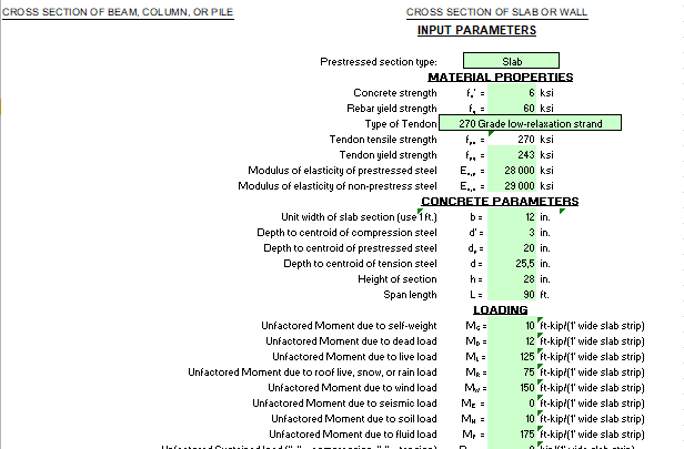 Prestressed ans Post Tensioned Concrete Section Spreadsheet