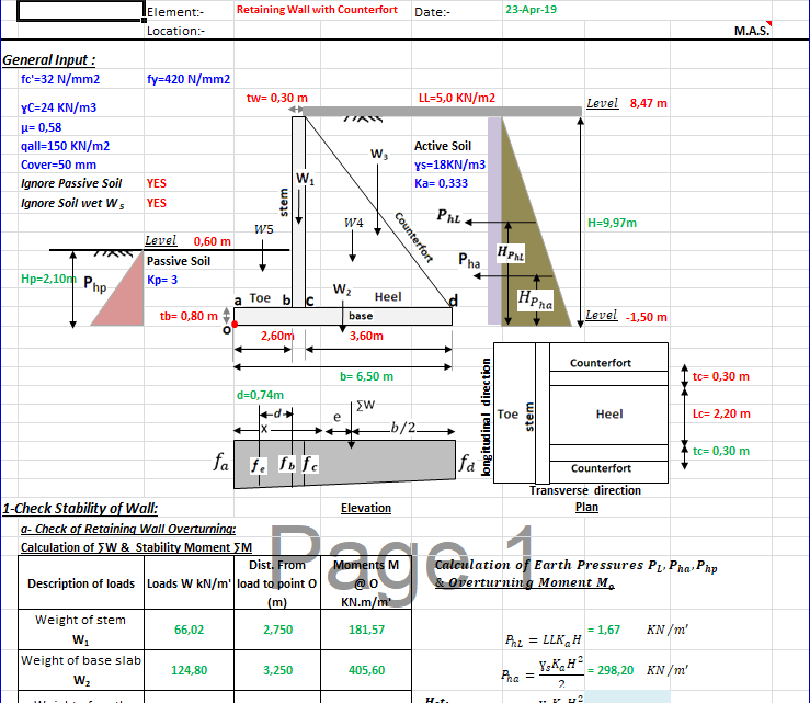 Retaining wall with Counterfort Chek of Stability Spreadsheet