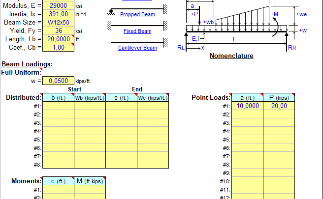 Single span beam analysis spreadsheet