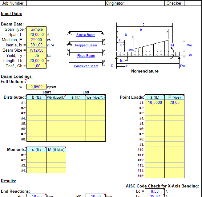 Single span beam analysis spreadsheet