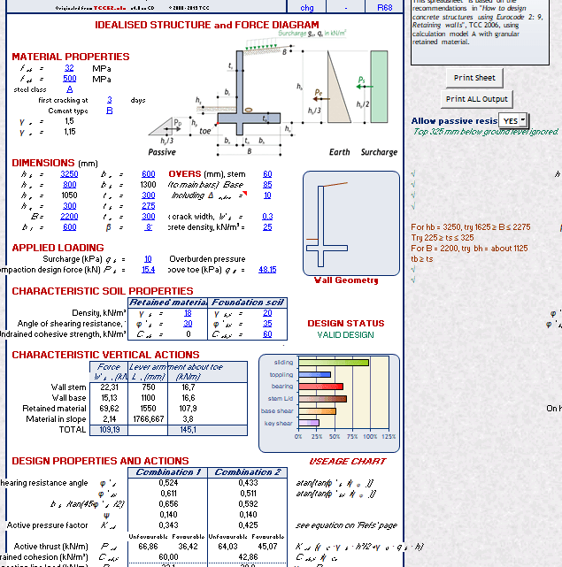 Concrete Retaining wall design Spreadsheet