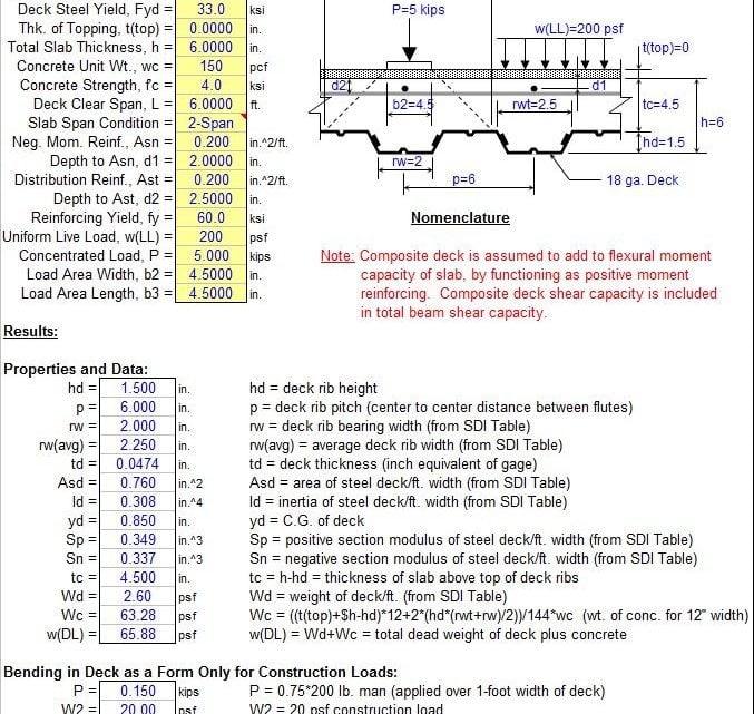 Slab on metal deck analysis spreadsheet