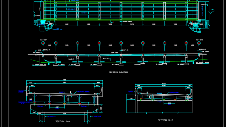 Bridge Layout Plan, Elevation and Cross section details Autocad Drawing