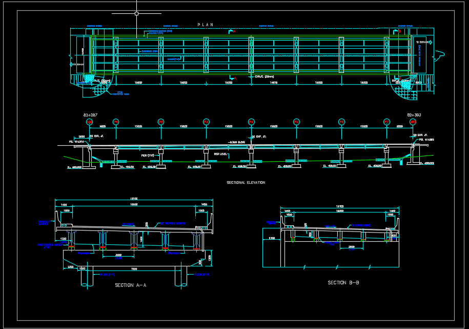 Bridge Layout Plan, Elevation and Cross section details Autocad Drawing