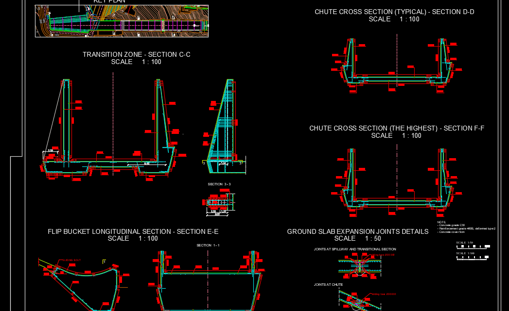 Chute And Flip Bucket Reinforcement Typical Sections Autocad Drawing