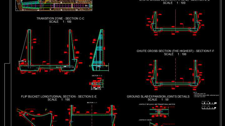 Chute And Flip Bucket Reinforcement Typical Sections Autocad Drawing