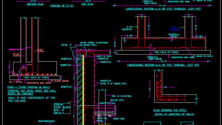 Combined Footing & RCC Wall Details Autocad Drawing