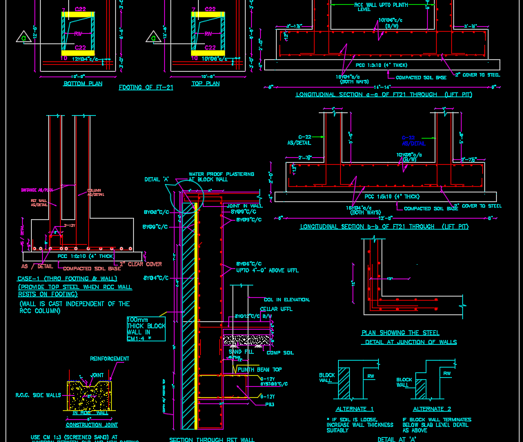 Combined Footing & RCC Wall Details Autocad Drawing