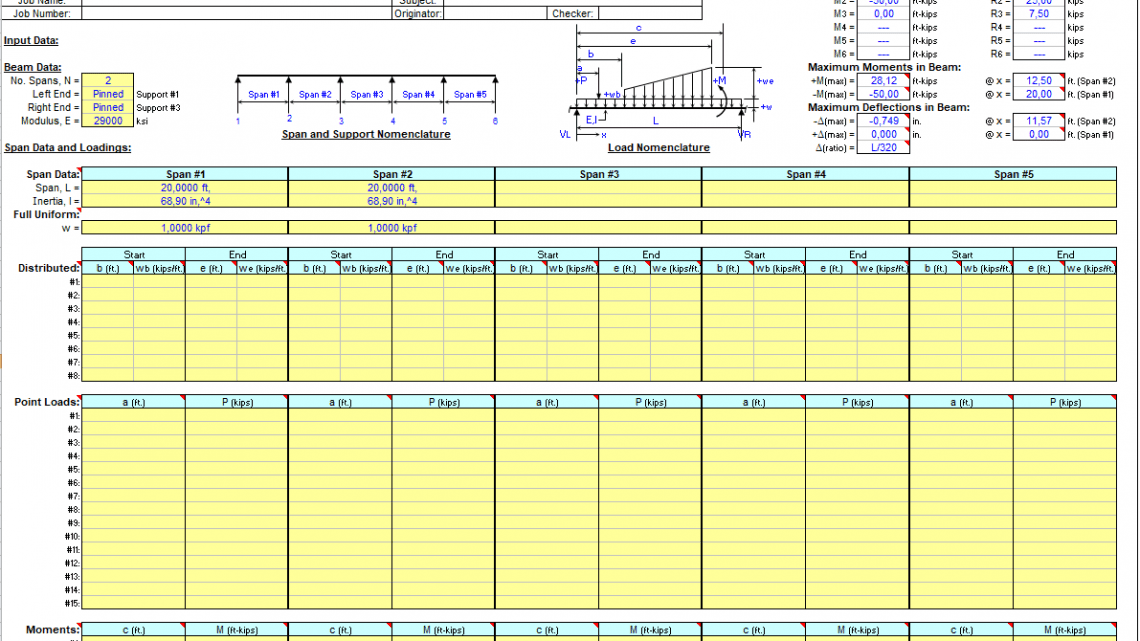 Continuous Span Beam Analysis Spreadsheet