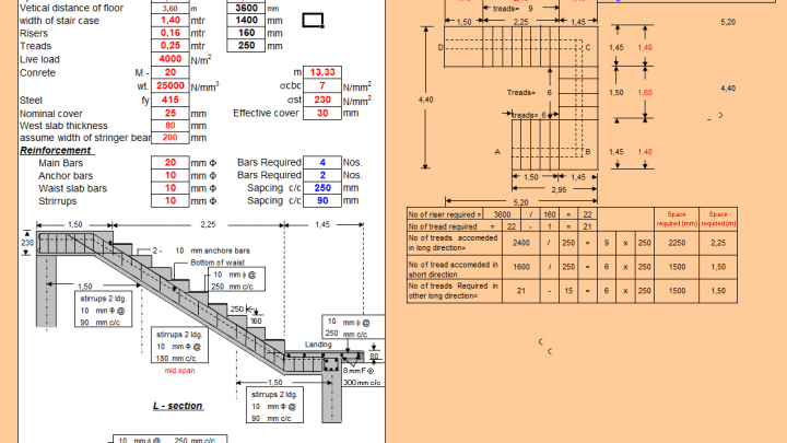 Design of Stair Case with Central Stringer Beam Spreadsheet