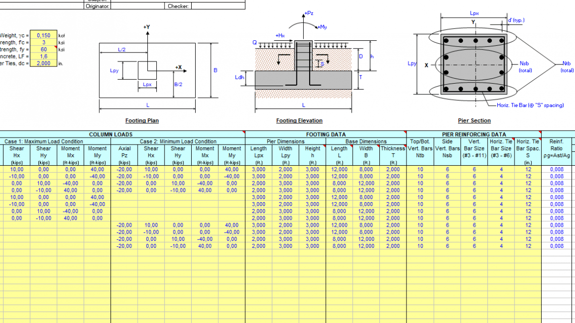 Rectangular Spread Footing – Pier Analysis Spreadsheet