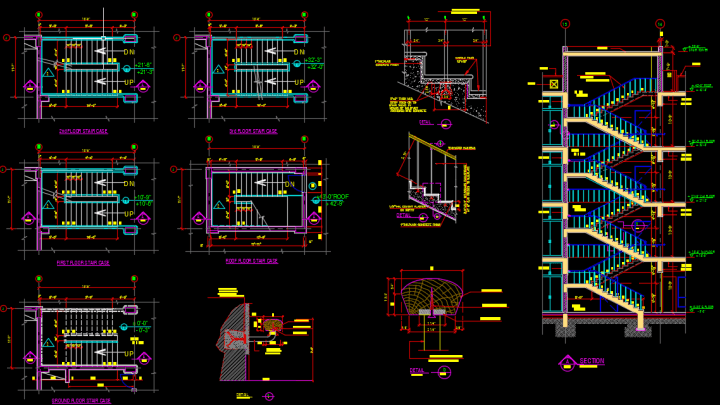 Staircase Elevation and sections Autocad Drawing