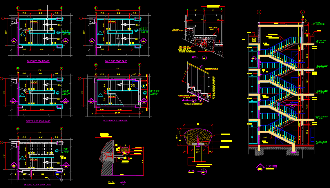 Staircase Elevation and sections Autocad Drawing