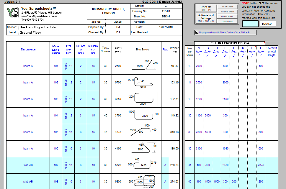 Bar Bending Schedule Excel Sheet