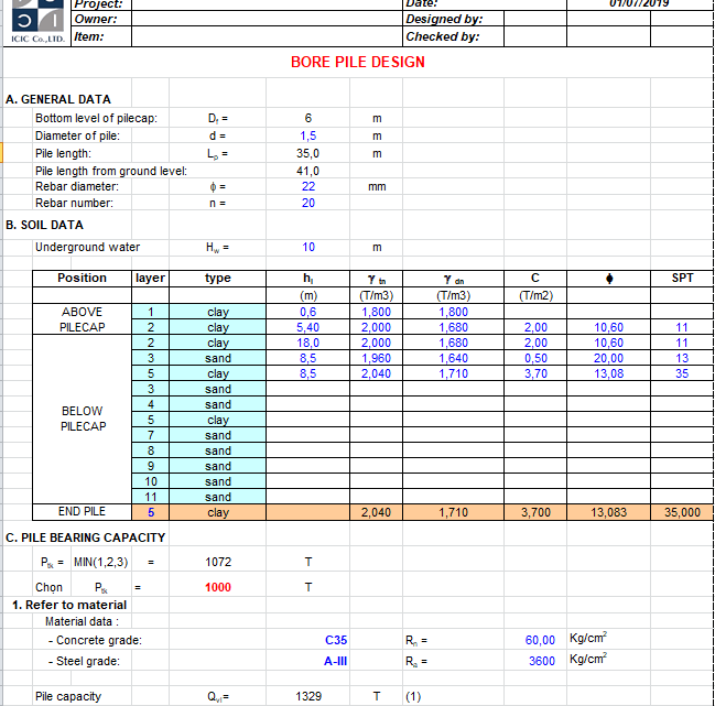 Bore Pile Design BS 8004 Excel Sheet