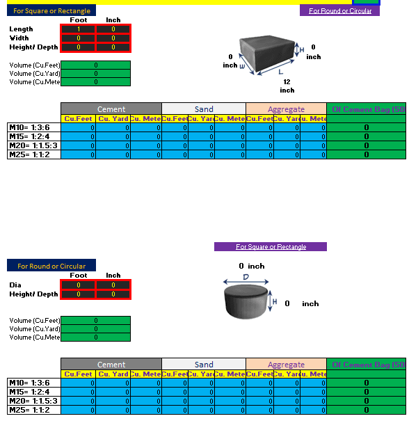 Concrete, Steel and Brick Volume Calculator Excel Sheet