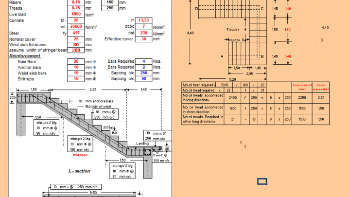 Design of Stair Case with Central Stringer Beam Spreadsheet