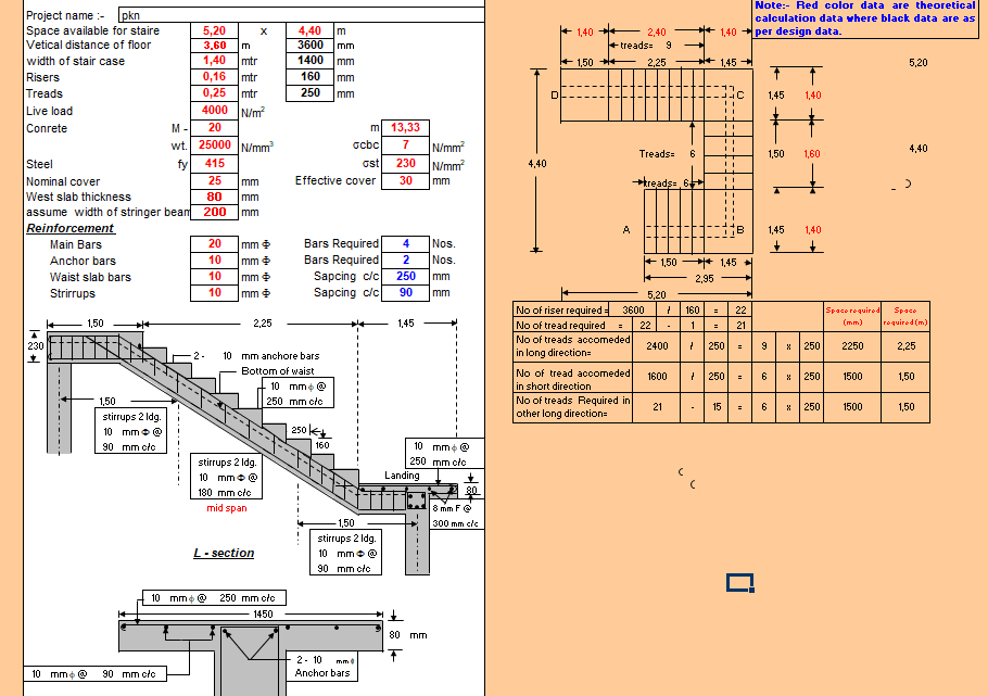Design of Stair Case with Central Stringer Beam Spreadsheet