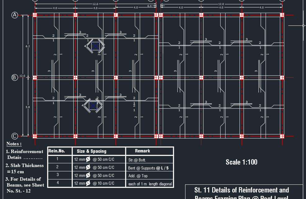 Details of Reinforcement and Beams Framing Plan Autocad Drawing