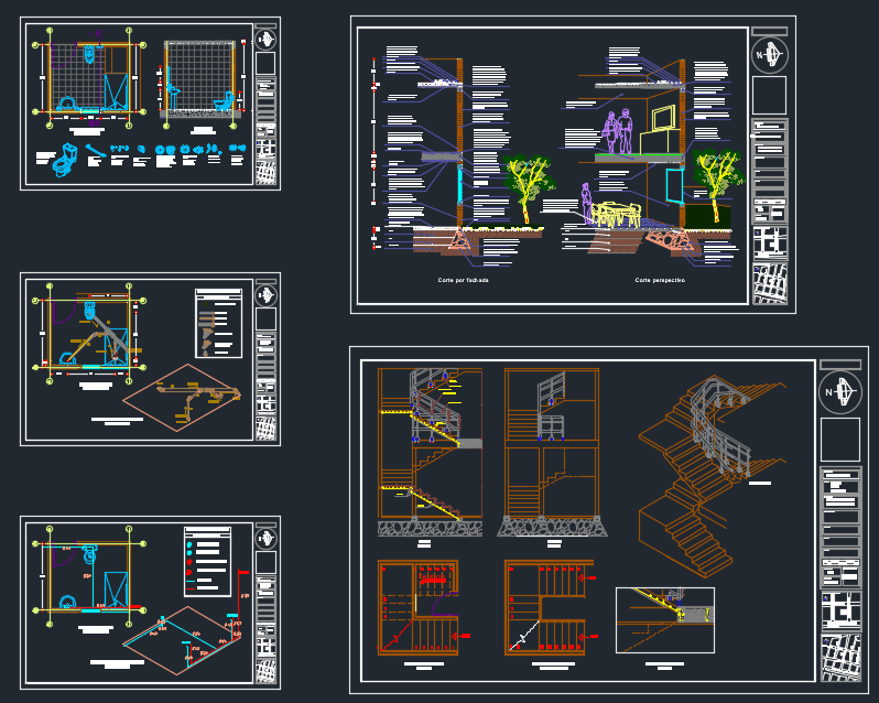 Facade sections, staircase, plumbing, isometric Free Autocad Drawing