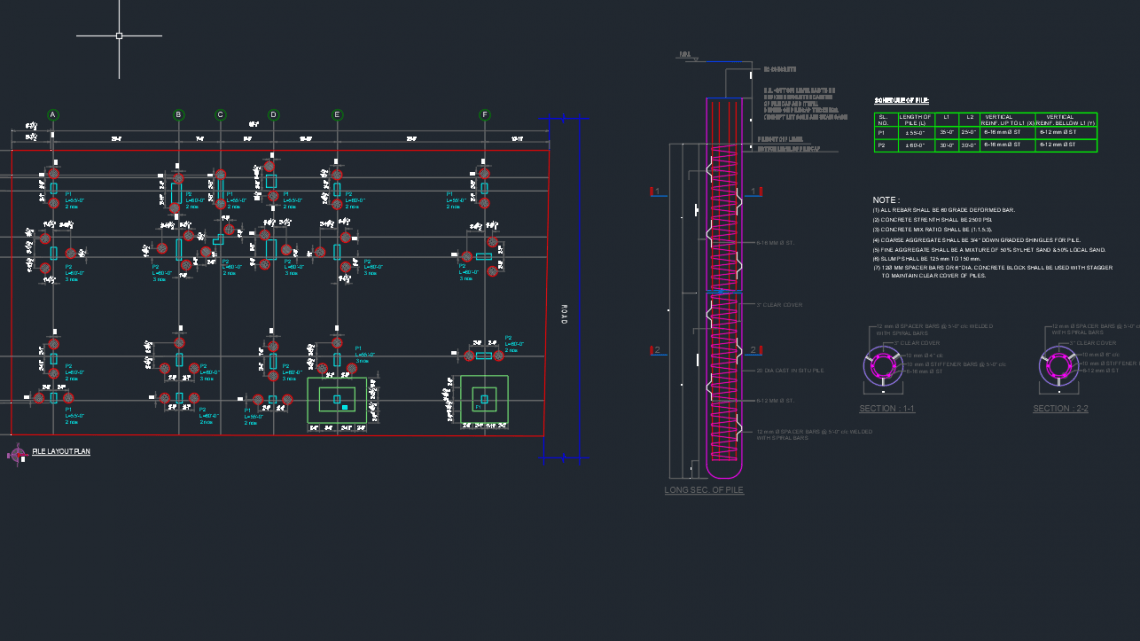 Pile Layout Plan and Section Detail Autocad Drawing