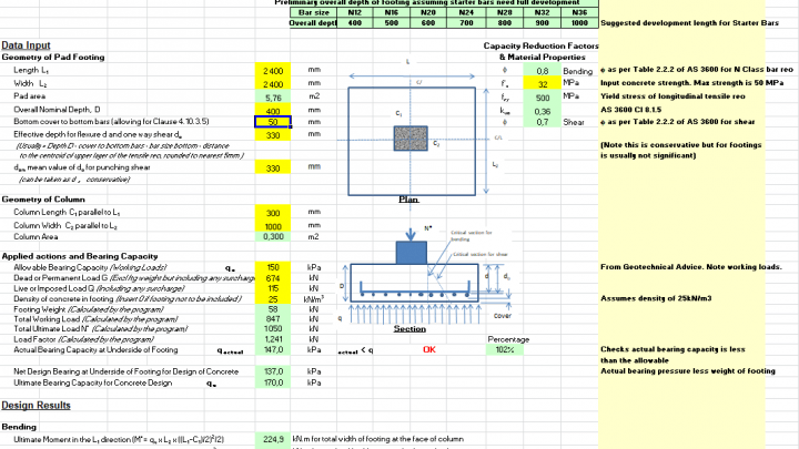 Reinforced Rectangular Concentric Concrete Footing Design Spreadsheet