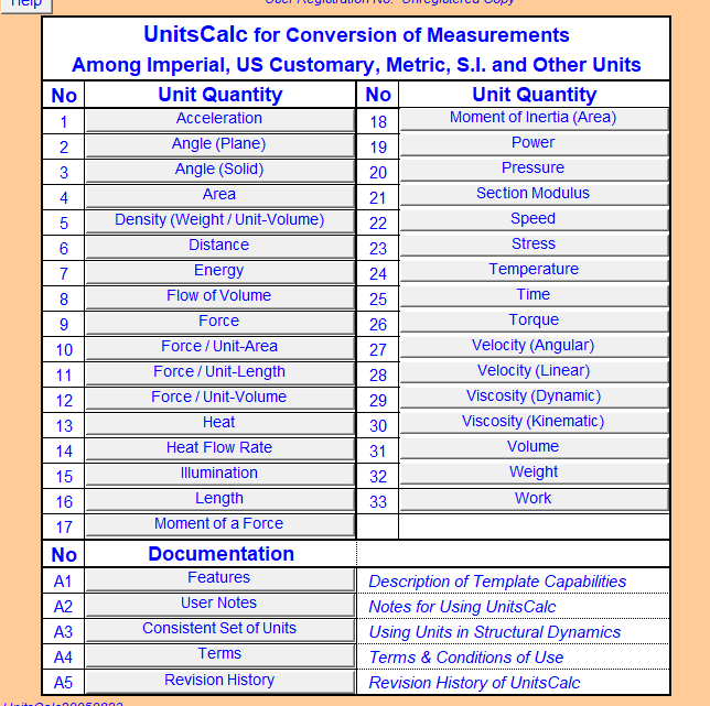 UnitsCalc for conversion of Measurements Spreadsheet