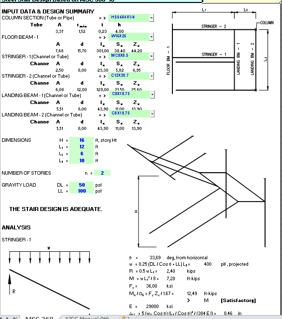 Steel Stair Design Based on AISC 360-10 Spreadsheet