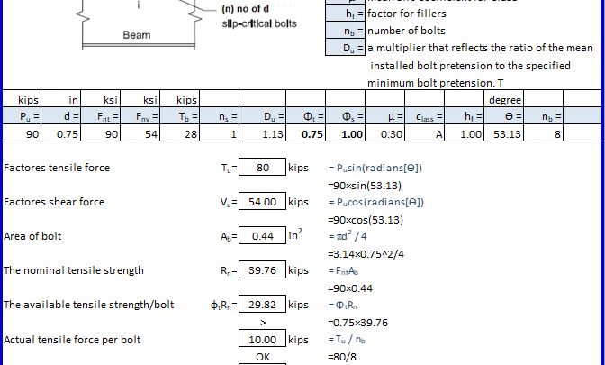 Combined Tension and Shear in a Slip Critical Connection Spreadsheet