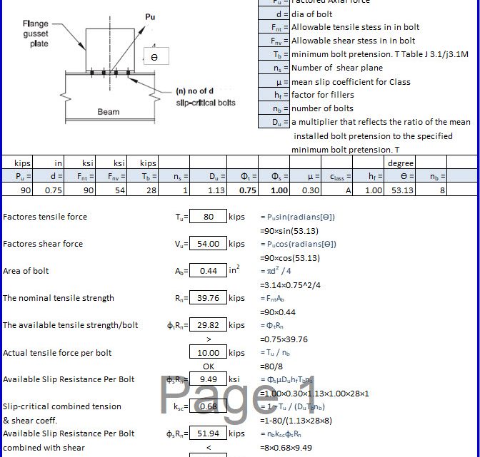 Combined Tension and Shear in a Slip Critical Connection Spreadsheet