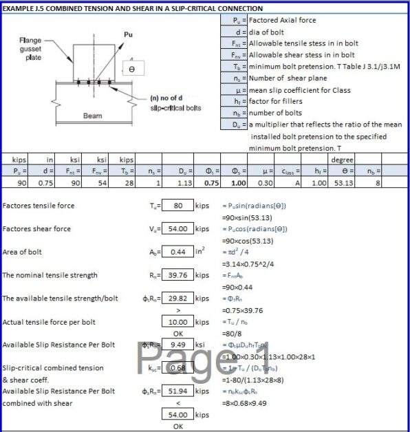 Combined Tension and Shear in a Slip Critical Connection Spreadsheet