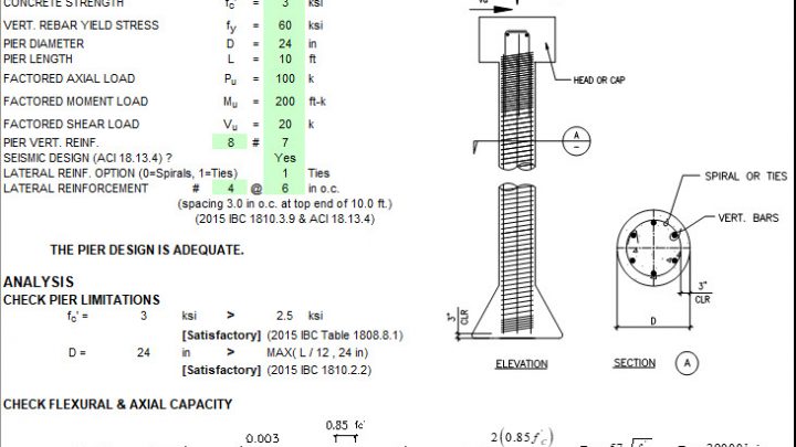 Concrete Pier (Isolated Deep Foundation) Design Spreadsheet Based on ACI 318-14