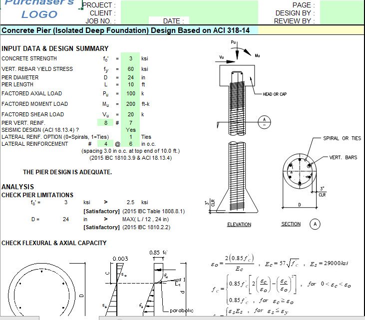 Concrete Pier (Isolated Deep Foundation) Design Spreadsheet Based on ACI 318-14