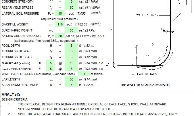 Concrete Pool Design Spreadsheet Based on ACI 318-14