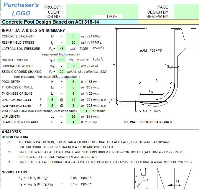 Concrete Pool Design Spreadsheet Based on ACI 318-14