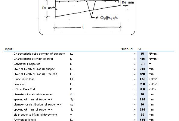 Design of Cantilever Slab Spreadsheet